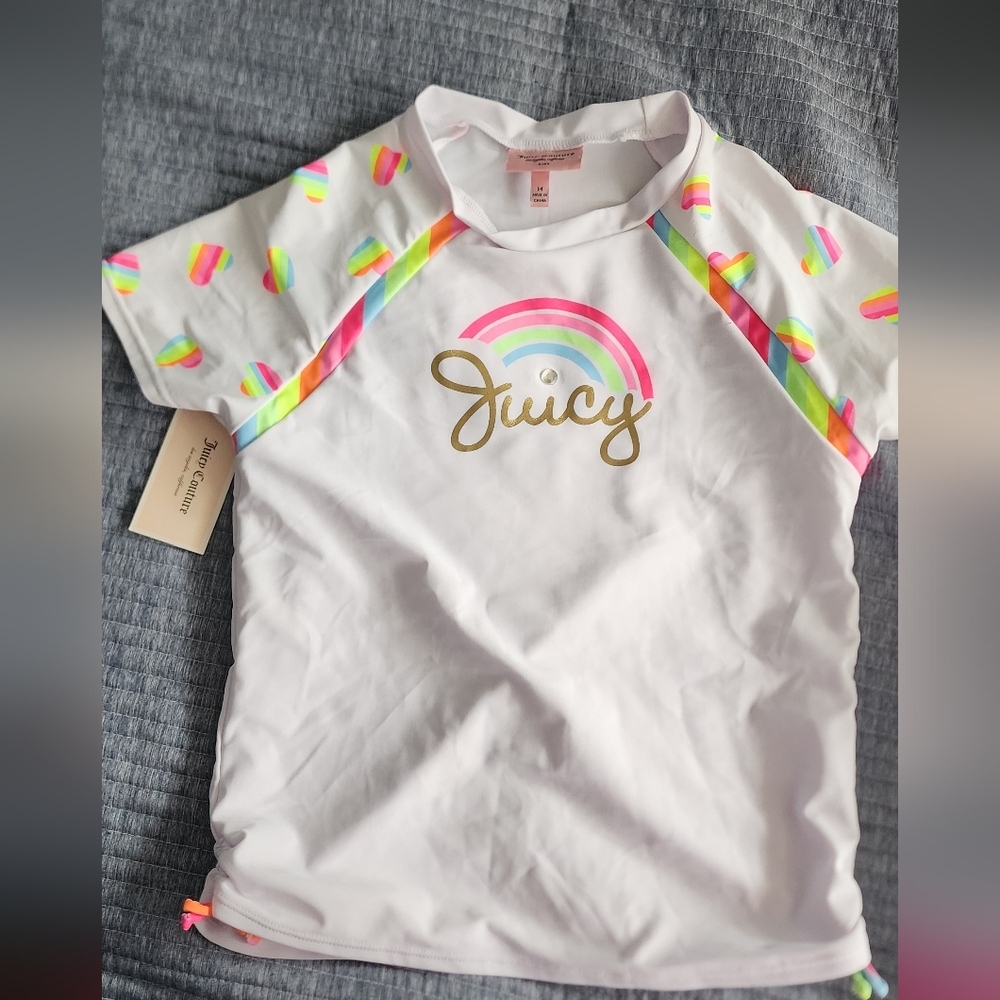 Juicy Couture NWT White Rash Guardwith Rainbow Accents Size 14